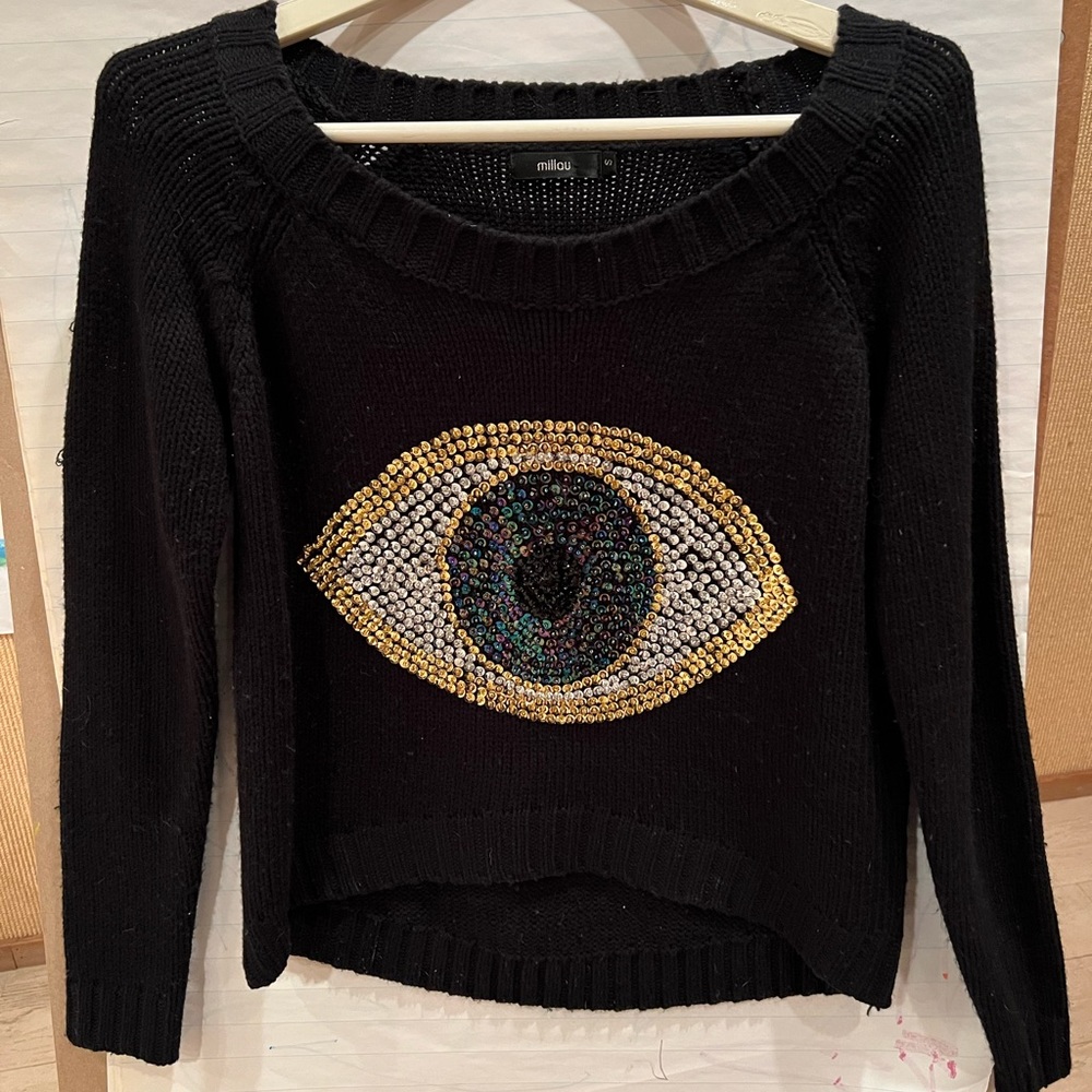 Millau Black Crewneck Sweater with Beaded Eye Motif